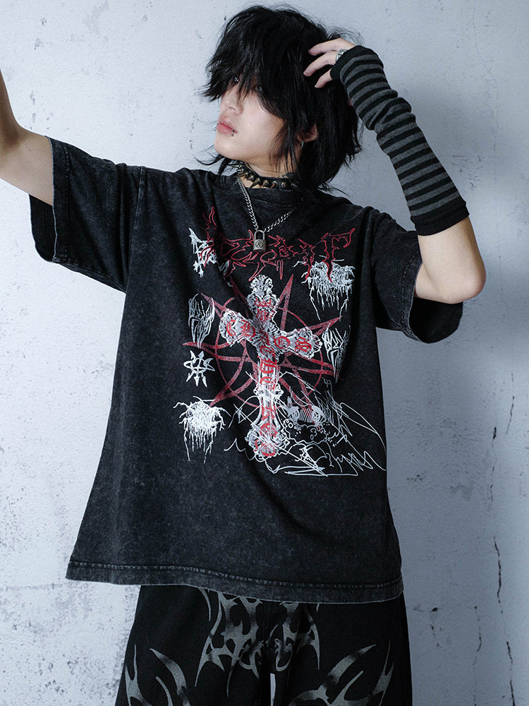 Oversize Print Washed Short Sleeve T-shirt WN15910