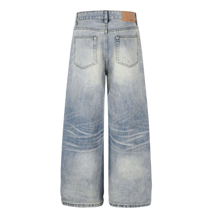 Washed Damage Whisker Wide Leg Denim Jeans WN26019