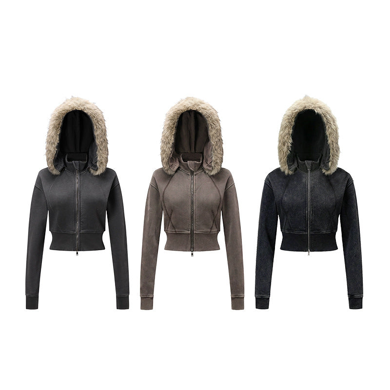 Fake Fur Lining Zip-Up Cropped Zipper Hoodie WN23115