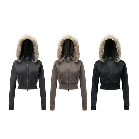 Fake Fur Lining Zip-Up Cropped Zipper Hoodie WN23115