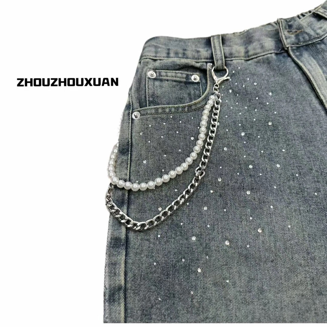 Wash Pearl Chain Short Denim Jeans WN20708