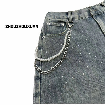 Wash Pearl Chain Short Denim Jeans WN20708