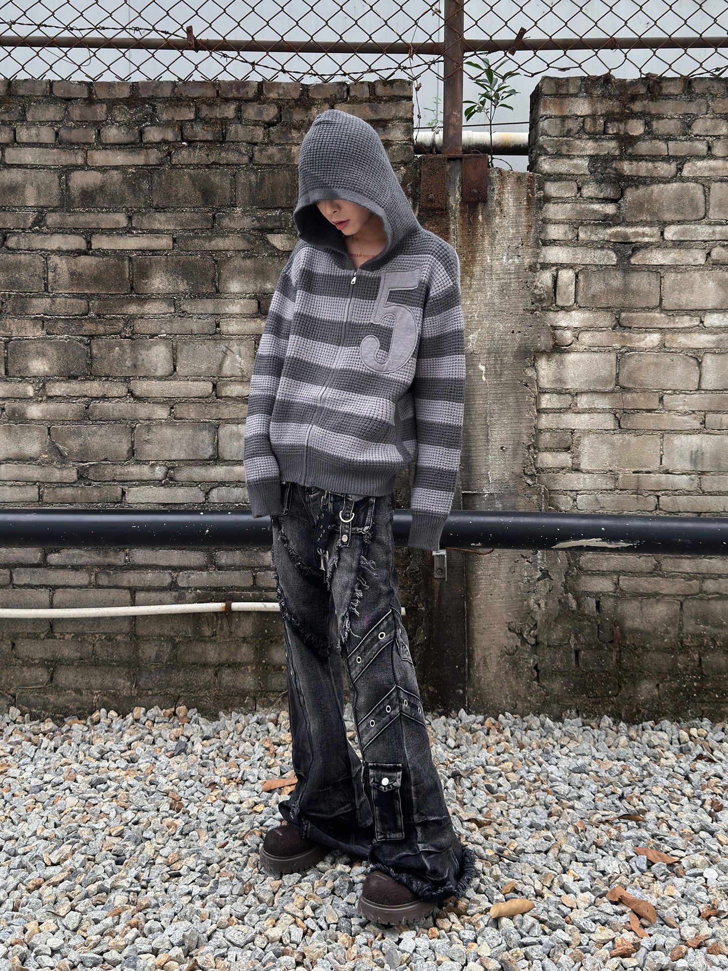 Number Embroidery Stripe Hooded Knit Sweater WN22978