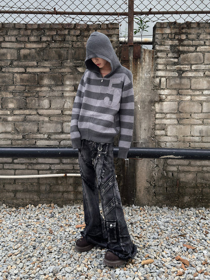 Number Embroidery Stripe Hooded Knit Sweater WN22978