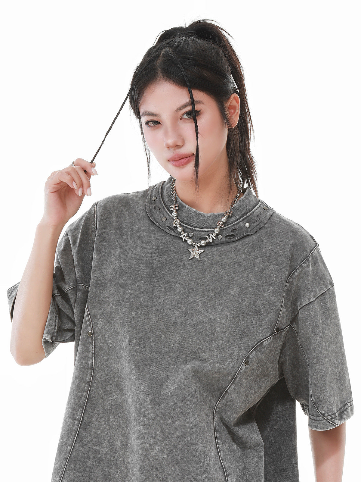 Heavy Washed Fade Stitching Short Sleeve T-Shirt WN25671