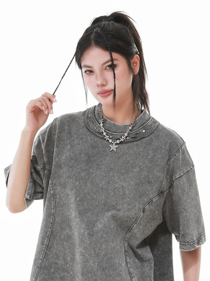 Heavy Washed Fade Stitching Short Sleeve T-Shirt WN25671
