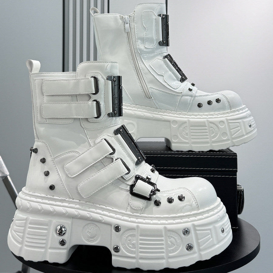 Patent Strap Buckle Studs Platform Short Boots WN24674