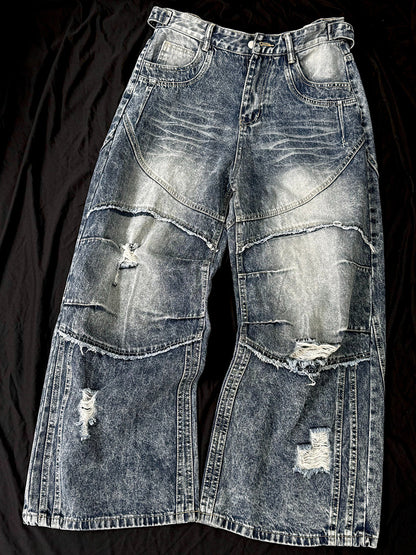 Washed Damage Splice Wide Leg Denim Jeans WN25742