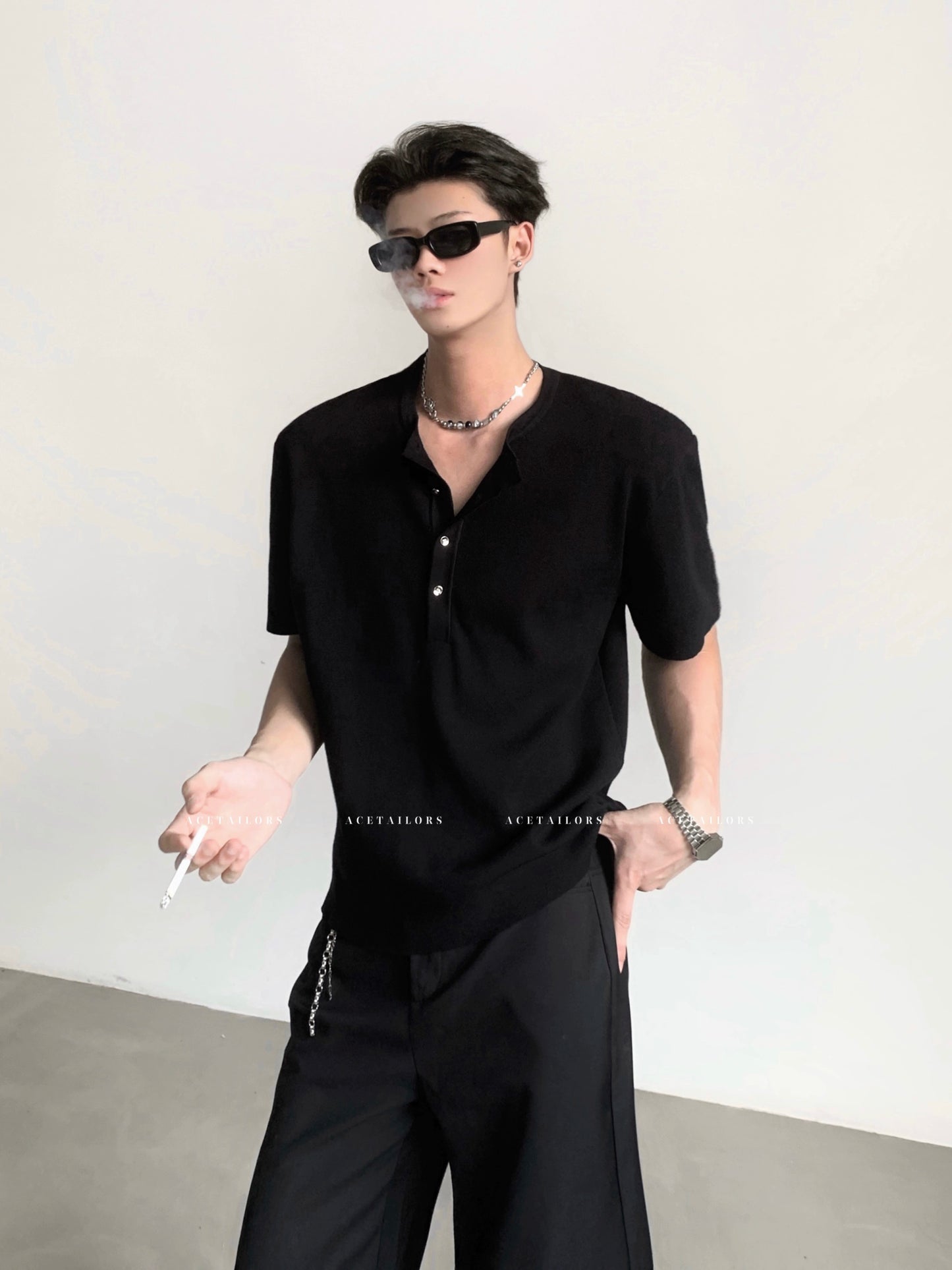 Henley Neck Knit Cleanfit Short Sleeve T-Shirt WN20075