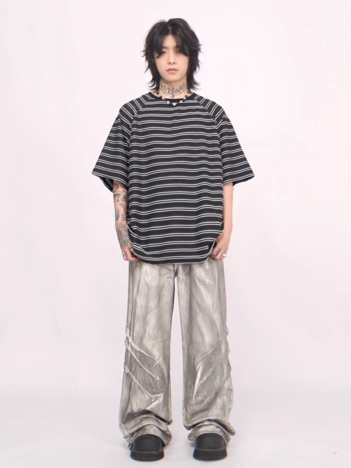 Oversize Striped Round Neck Short Sleeve T-shirt WN6536