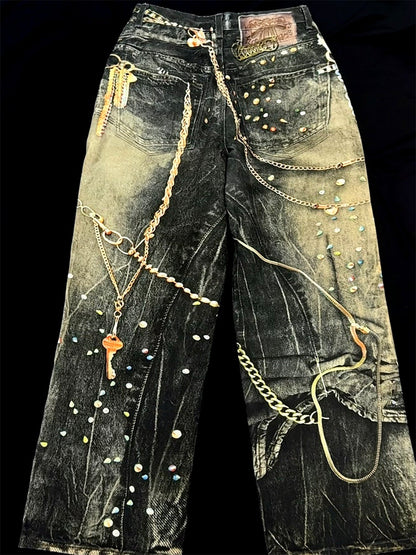 Chain Paint  3D Print Washed Wide Leg Denim Jeans WN25475