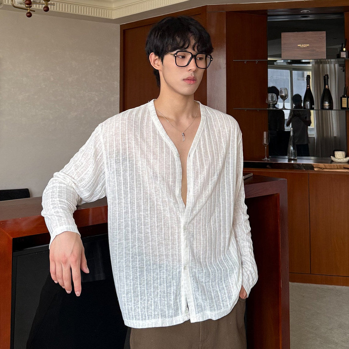 Stripe Deep V-Neck Summer Knit Cardigan WN25012