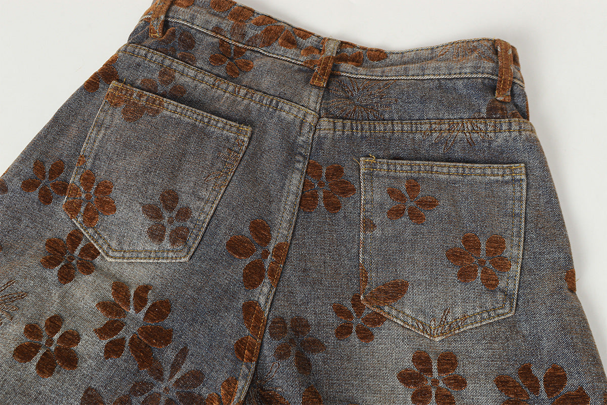 Flocked Wide Leg Curved Denim Jeans WN23031