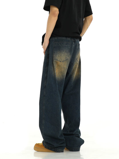 Washed Yellow Mud Dyed Wide-Leg Straight Denim Jeans WN5749