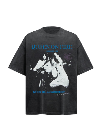 Washed Band Print Oversize Short Sleeve T-Shirt WN26403