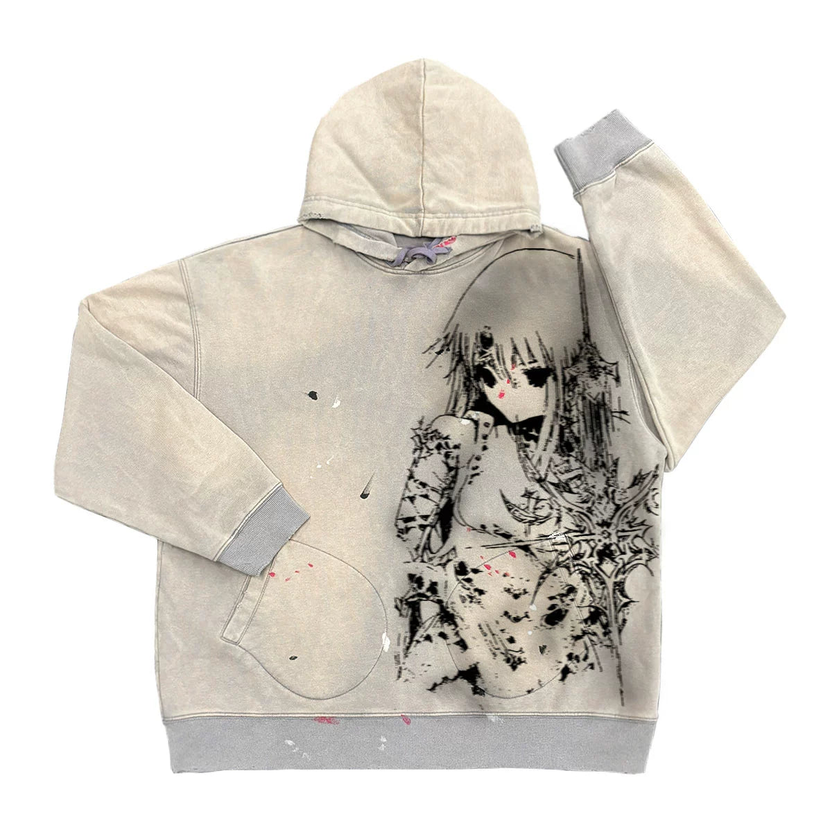 Graffiti Print Anime Design Washed Pullover Hoodie WN18744
