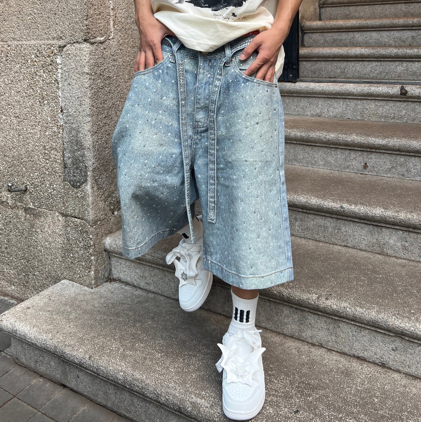 Paint Splatter Washed Denim Half Jeans WN24115