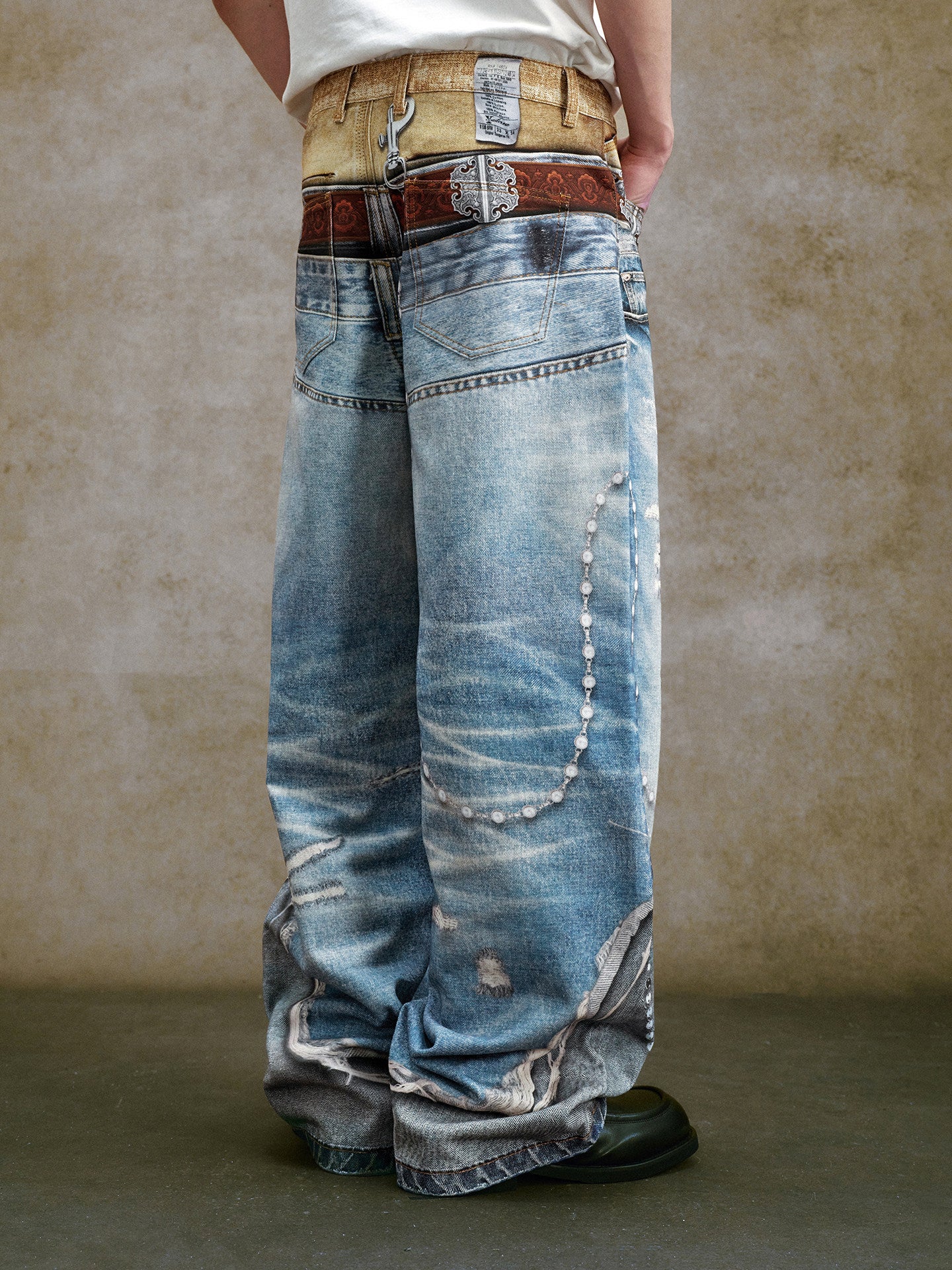 Mix Patchwork Damage Studs Wide Leg Denim Jeans WN23220