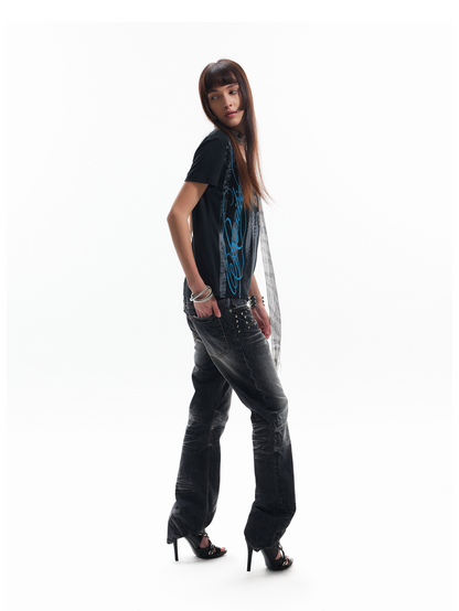 V-Neck Music Studs Graphic Print Short Sleeve T-Shirt WN27237