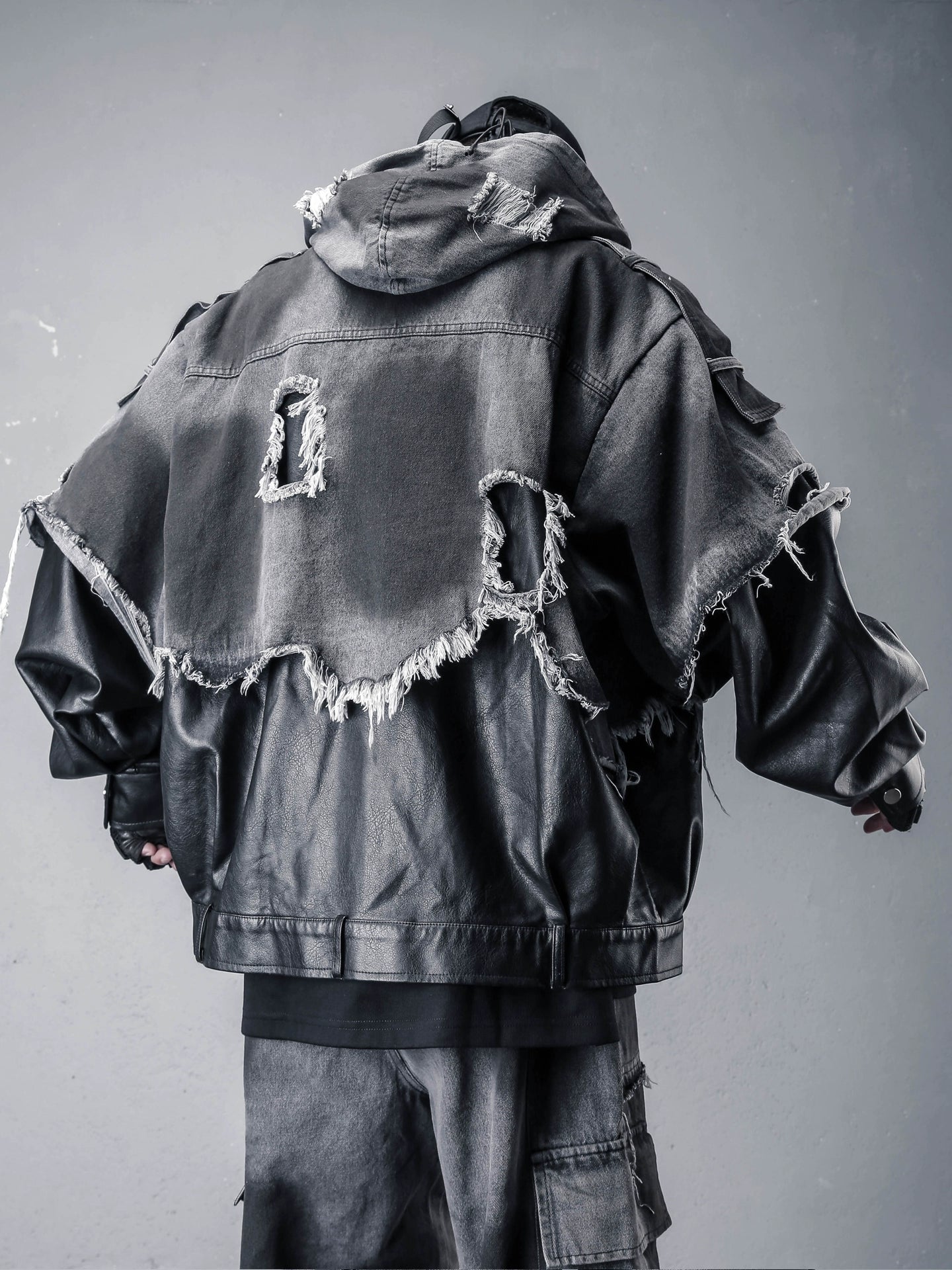 Damage Raw Edge Mix Patch PU Leather Denim Jacket WN22316