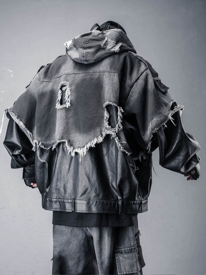 Damage Raw Edge Mix Patch PU Leather Denim Jacket WN22316