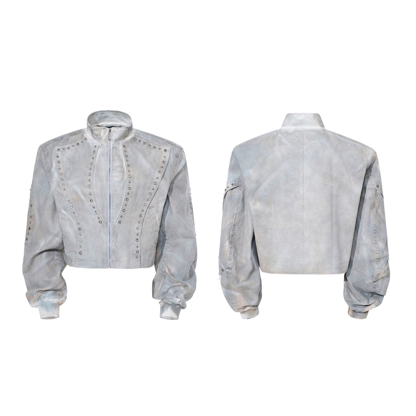 Deconstructed Paint Damage Stand Neck Short Denim Jacket & Denim Jeans Setup WN23280