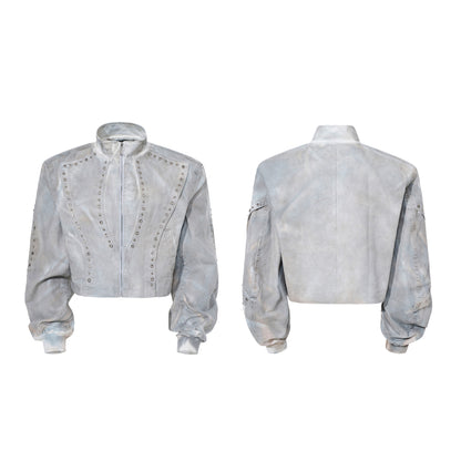 Deconstructed Paint Damage Stand Neck Short Denim Jacket & Denim Jeans Setup WN23280