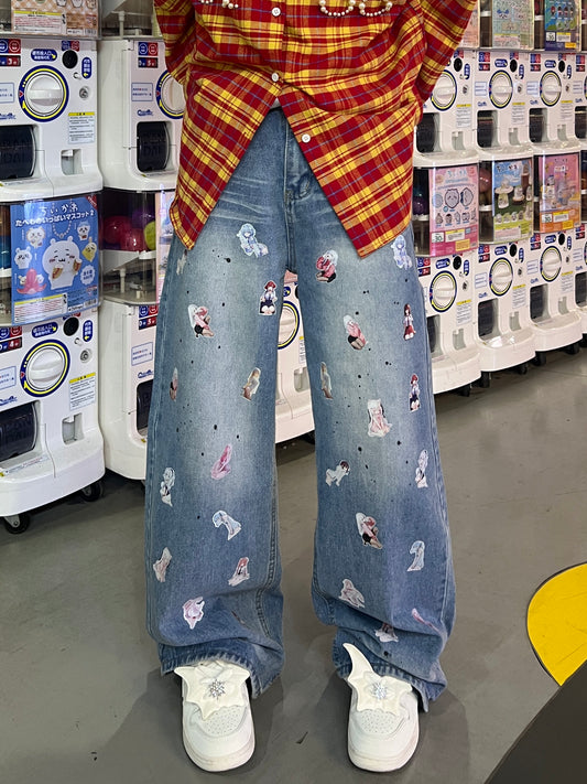 Cartoon Patch Wide Leg Denim Jeans WN24029