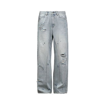 Damage Center Seam Washed Wide Leg Denim Jeans WN17791