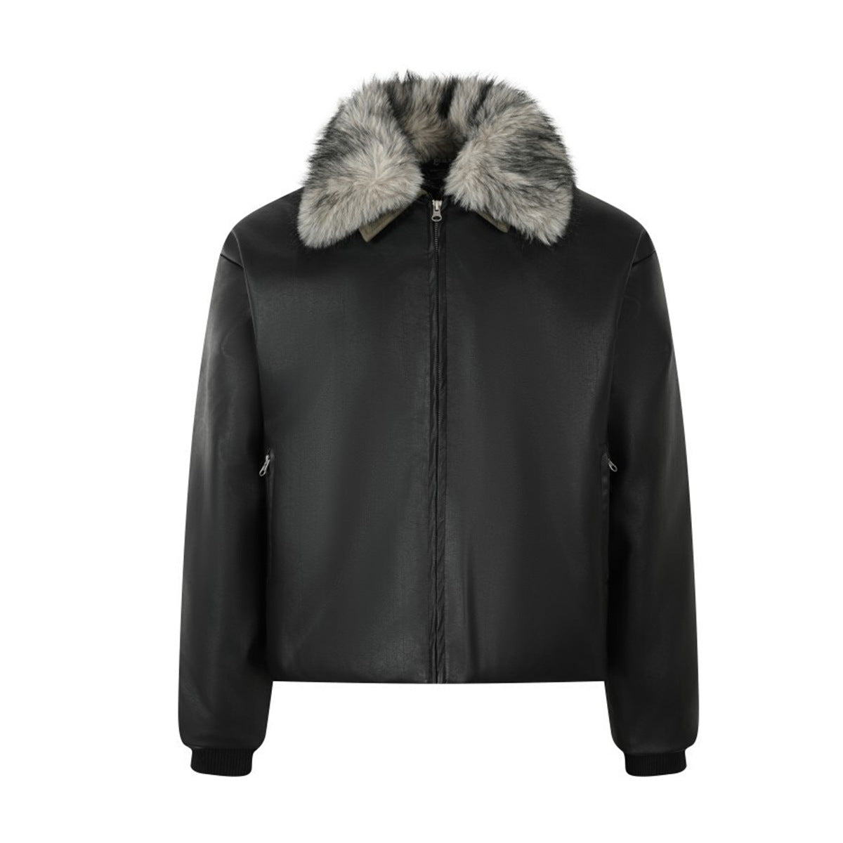 Detachable Fake Fur Collar PU Leather Zipper Jacket WN21921