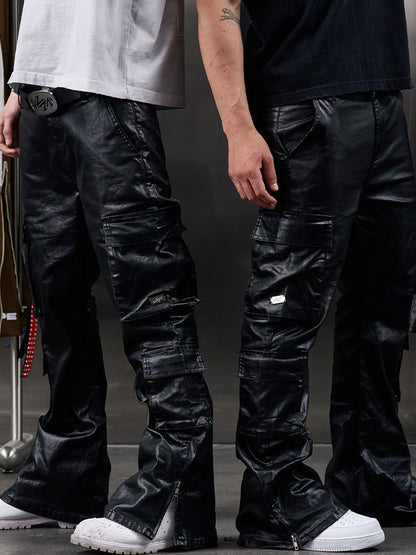 Waxed Heavy PU Leather Straight Cargo Pants WN20973