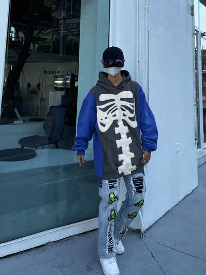 Skeleton Print Contrast Sleeve Oversize Hoodie WN24060