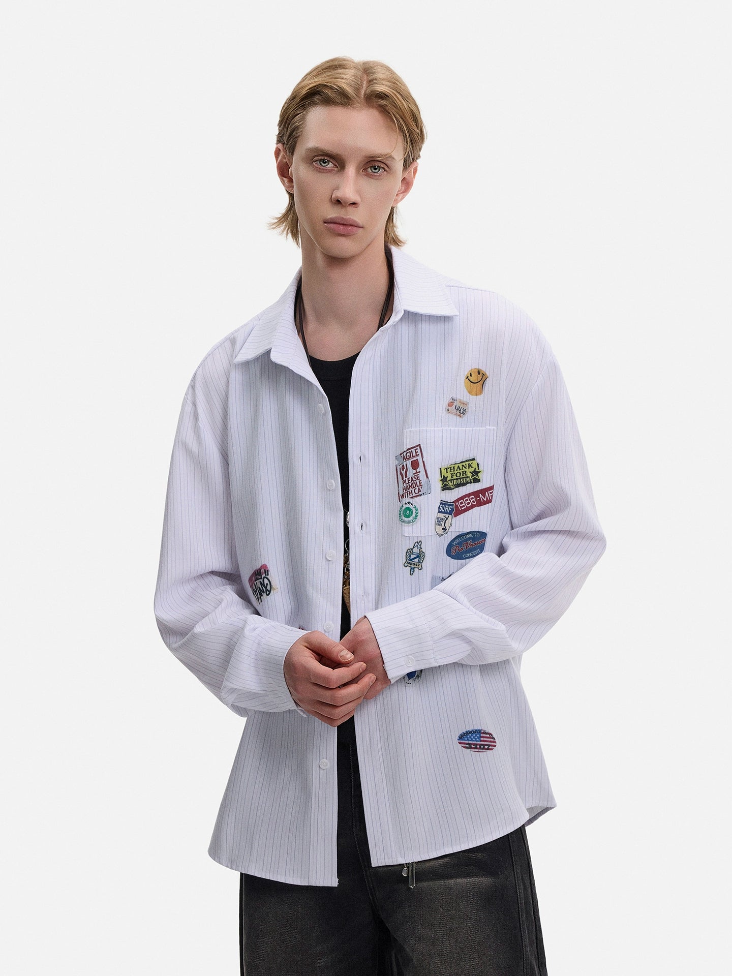 Patch Striped Long Sleeve Shirt WN21431