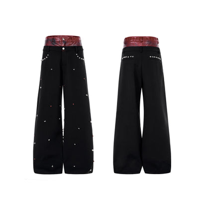 PU Leather Fake Layered Studs Design Tailored Jacket & Wide Leg Trousers Setup WN22648