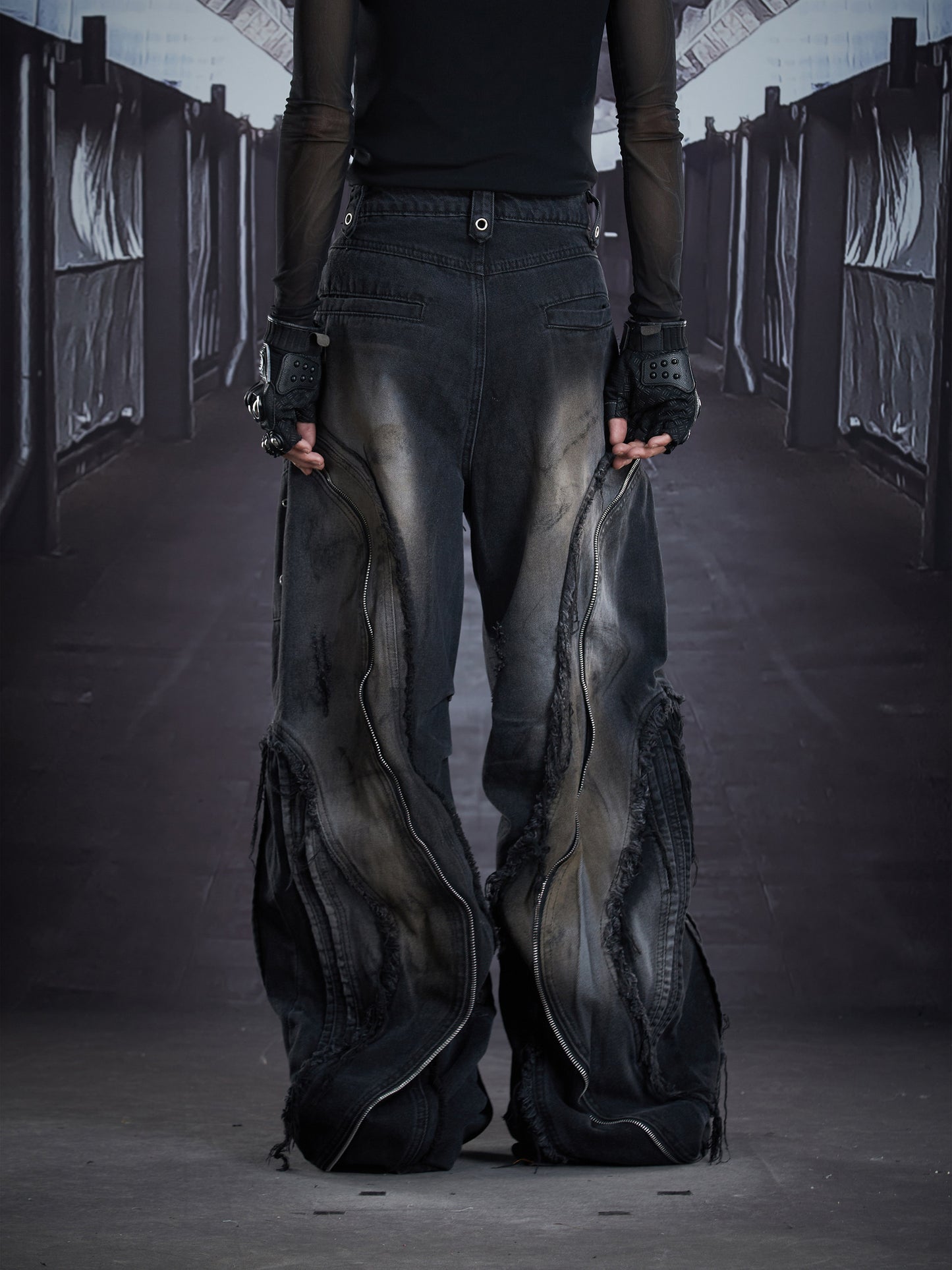 Extra Long Zipper Wash Damage Fringe Barrel Denim Jeans WN22863