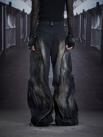 Extra Long Zipper Wash Damage Fringe Barrel Denim Jeans WN22863