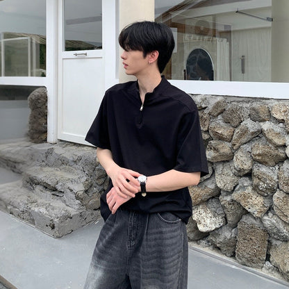 Standing-Collar Half Zipper Short Sleeve T-Shirt WN25011