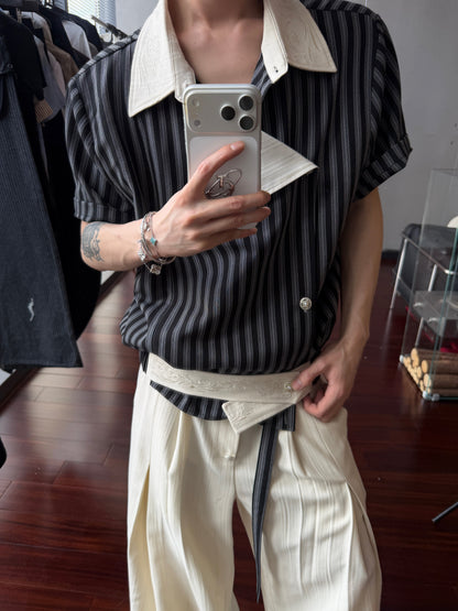 Deconstruction Stripe Embroidery Asymmetric Short Sleeve Shirt WN27020