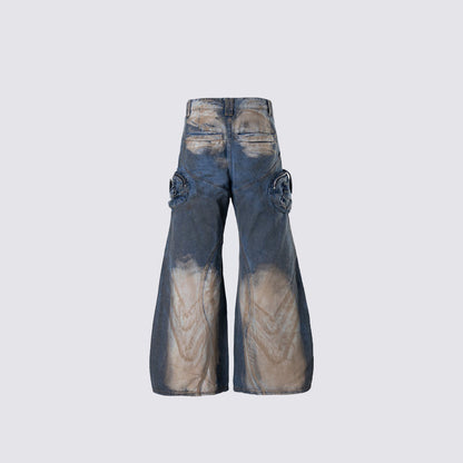 Bleached Damage Multi-Pocket Wide Leg Denim Jeans WN27797