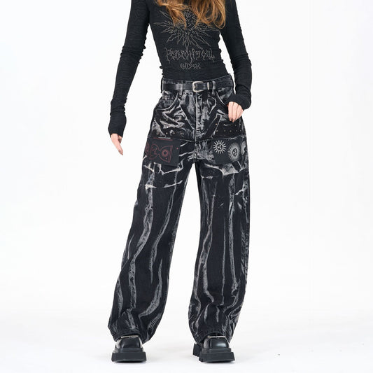 Multi-Print Wide Leg Denim Jeans WN23093