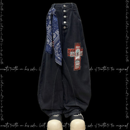 Graphic Patchwork Scimitar Wide Leg Denim Jeans & Belt & Chain & Scarf WN20132