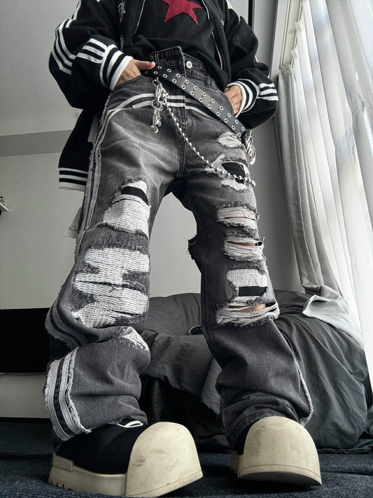 Double Stripe Damage Embroidery Washed Wide Leg Denim Jeans WN18120