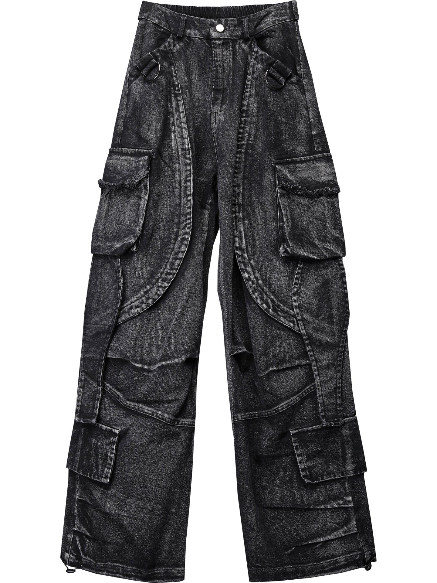 Multi Pocket Wash Damage Wide Leg Denim Jeans WN22388