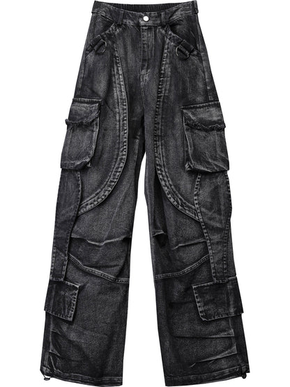 Multi Pocket Wash Damage Wide Leg Denim Jeans WN22388