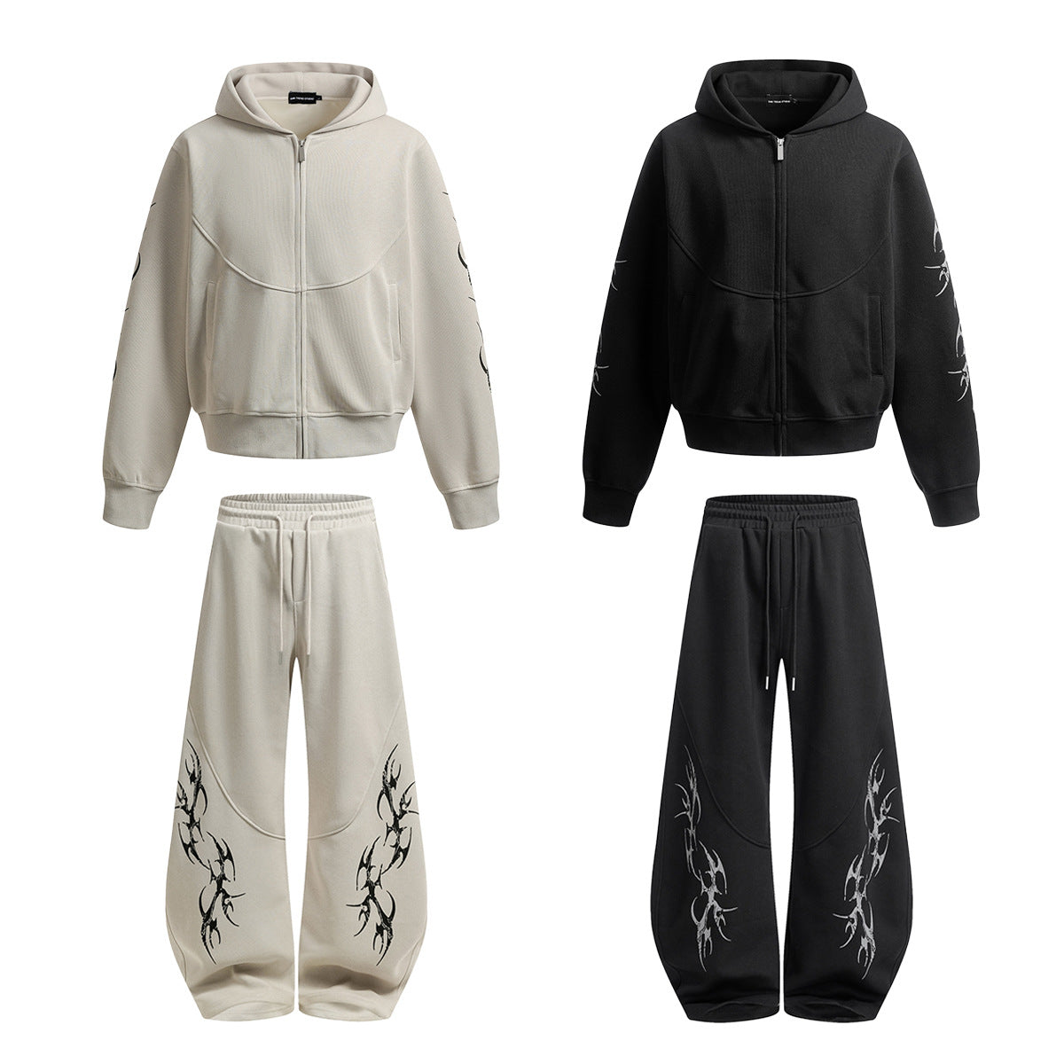 Thorn Print Zipper Hoodie & Thorn Print Wide Leg Sweatpants Setup WN25656