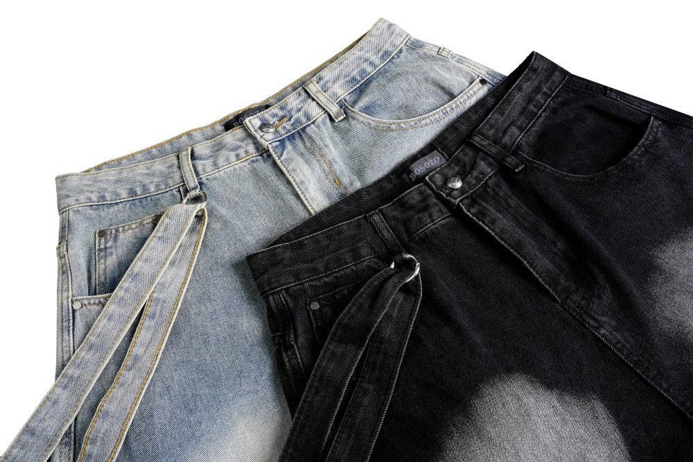 Bleached Cargo Pocket Wide Leg Denim Jeans WN27998