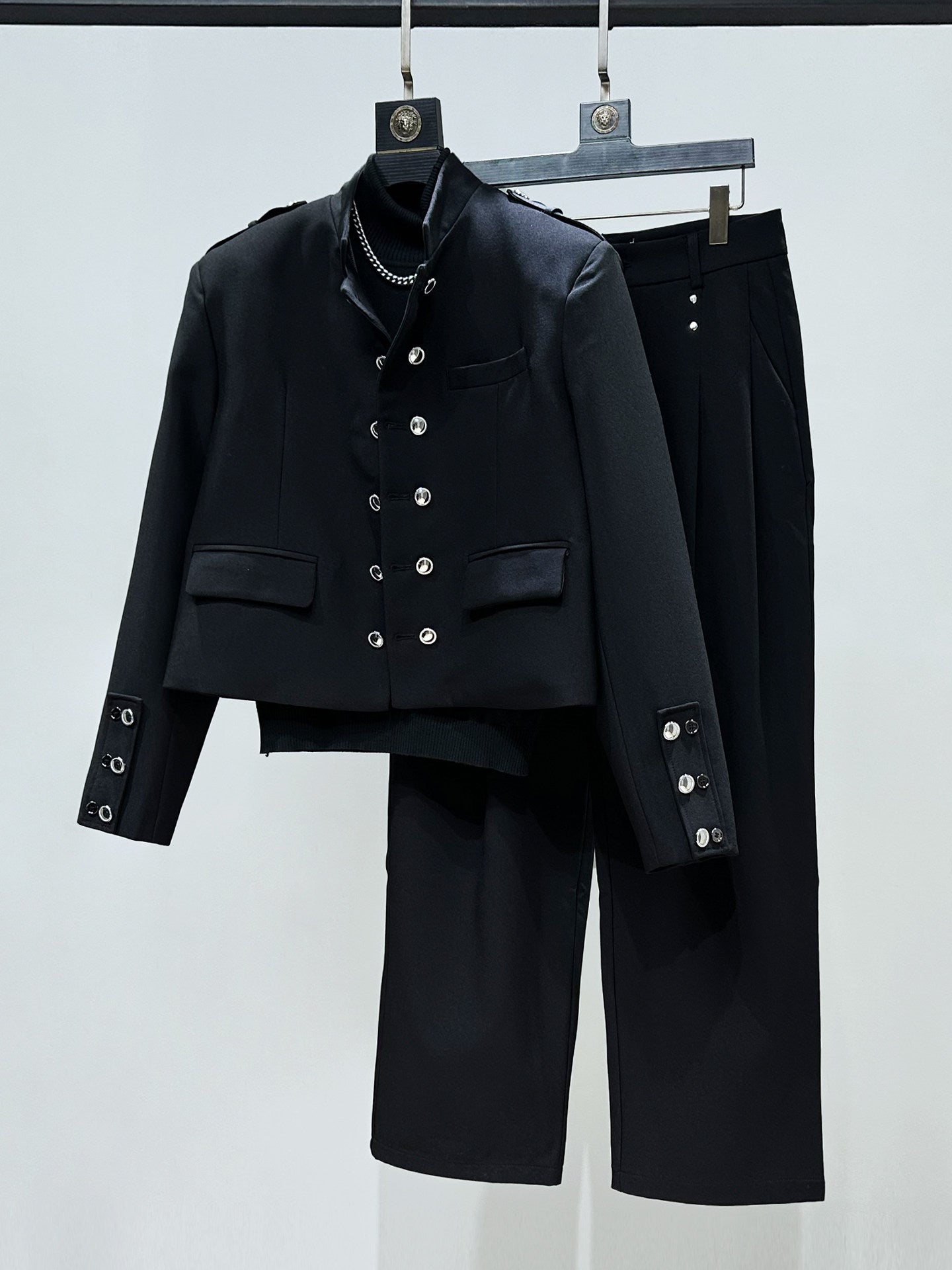 Standing-Collar Metal Button Short Tailored Jacket & Trousers Setup WN23910