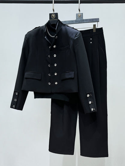 Standing-Collar Metal Button Short Tailored Jacket & Trousers Setup WN23910