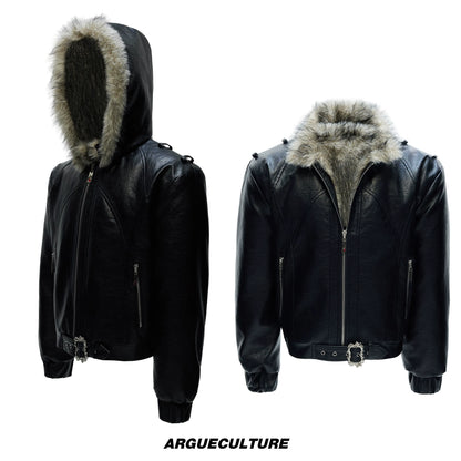 Hooded Fake Fur Collar PU Leather Jacket WN22594