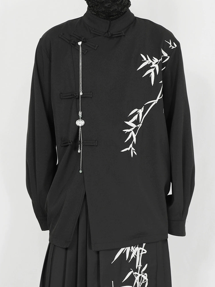 Standing-Collar Frog Button Bamboo Embroidery Long Sleeve Shirt WN20157